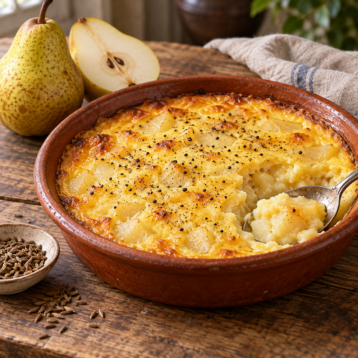 Crustless pear custard with black pepper, showing a spooned portion and soft fruit texture.