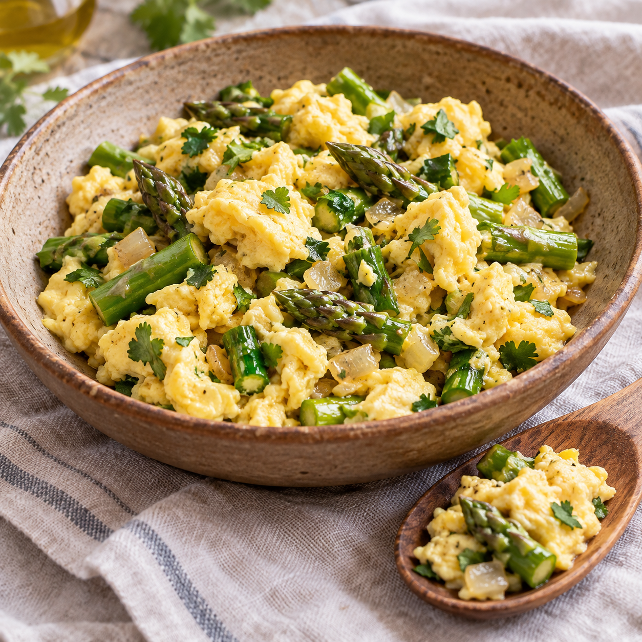 A savoury egg dish with short asparagus tips and herbs in a shallow pan.