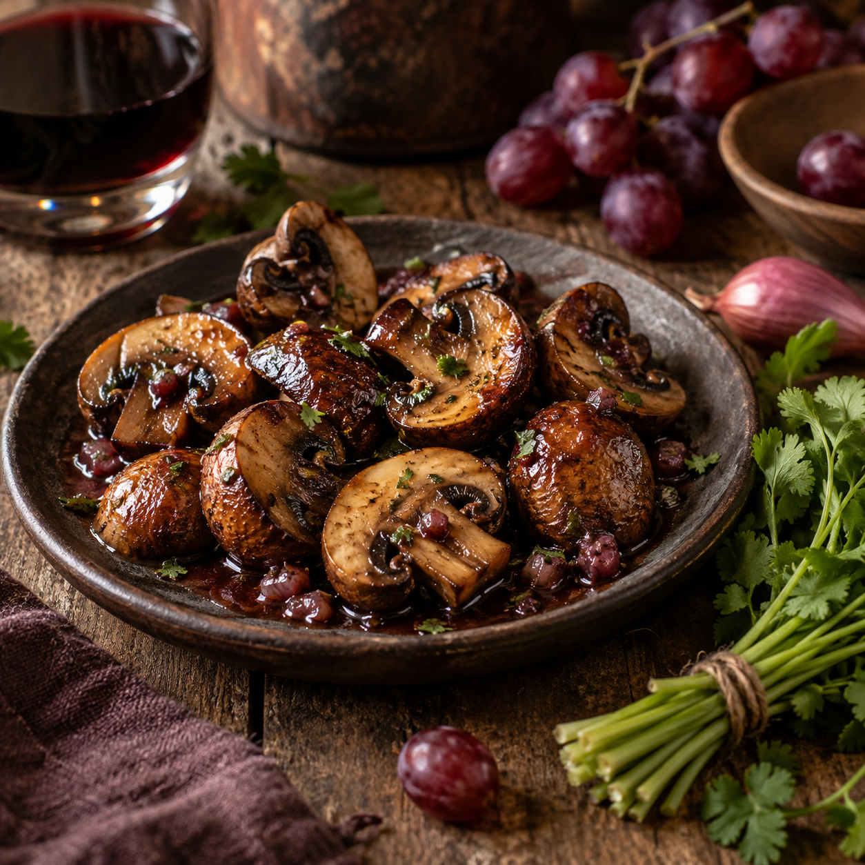 Cooked mushroom halves glistening with wine sauce beside a tied coriander bundle.