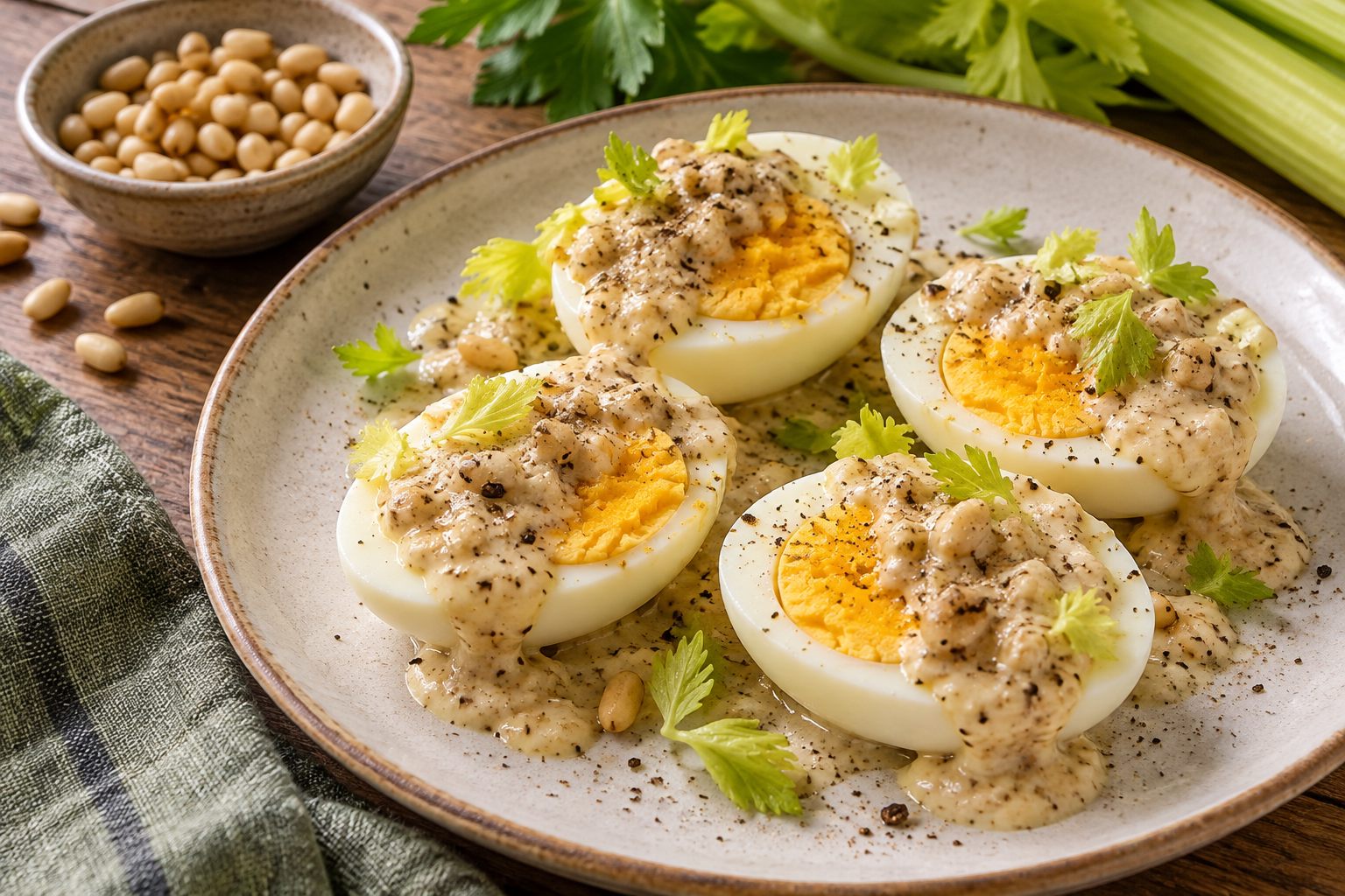 Firm boiled egg halves topped with a coarse pine-nut and herb sauce.