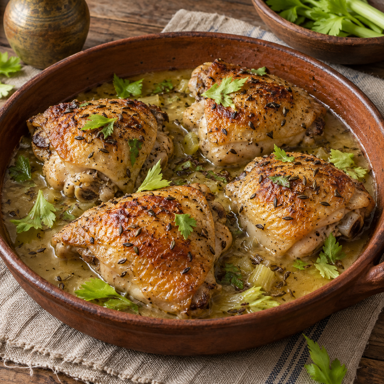 Browned chicken thighs in a light wine sauce with caraway and herb leaves.
