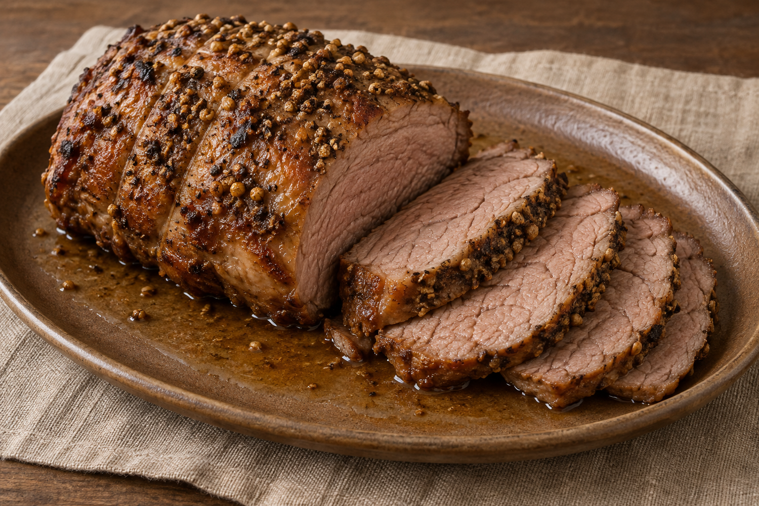 A roast lamb joint and cooked slices with a coarse coriander-seed coating.