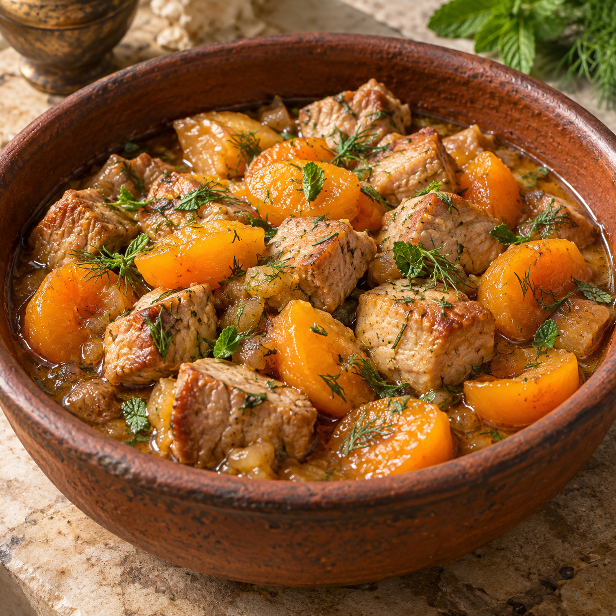 Small pork pieces and apricot quarters in an amber herb-flecked ragout.