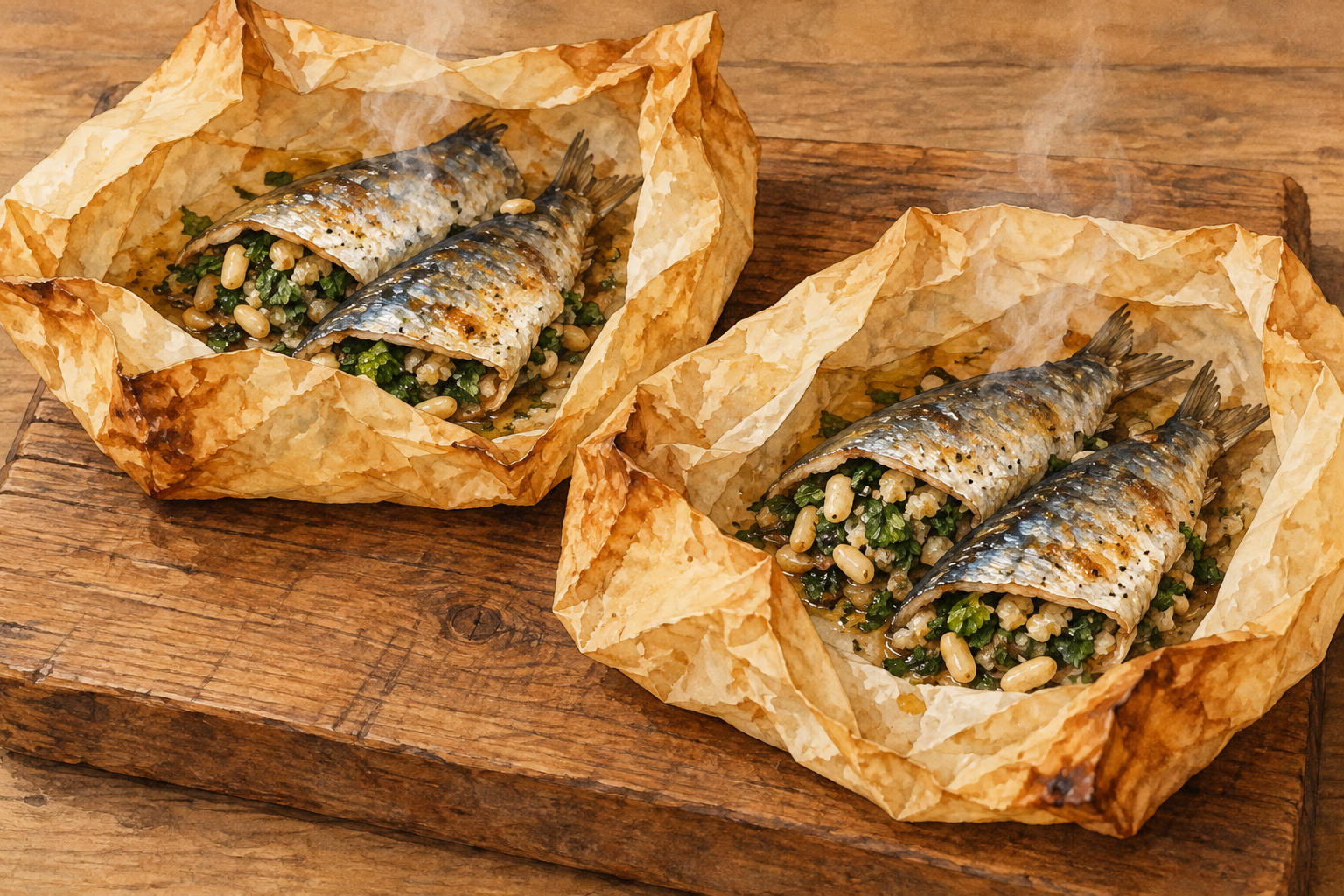 Opened parchment parcels holding cooked small fish filled with mint and chopped nuts.