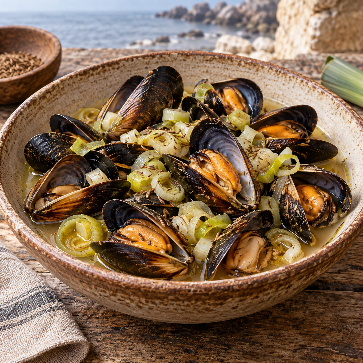 Opened cooked mussels with pale leek slices in a clear amber broth.