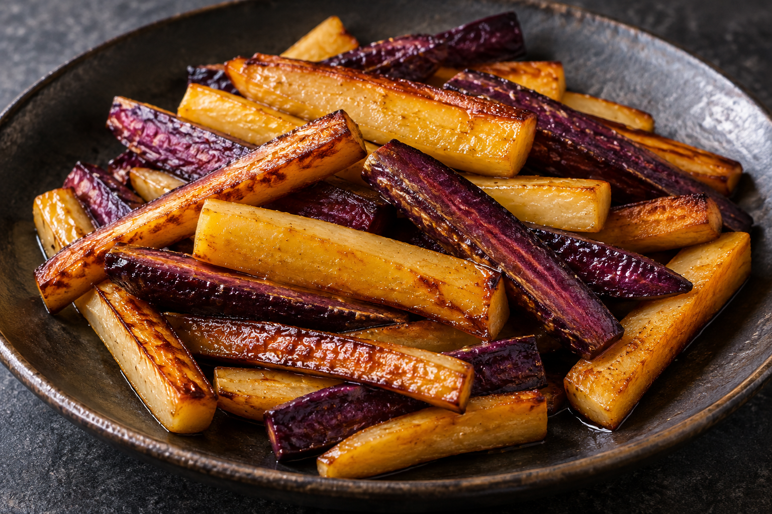 Pale and purple carrot batons with lightly browned edges and a glossy wine coating.