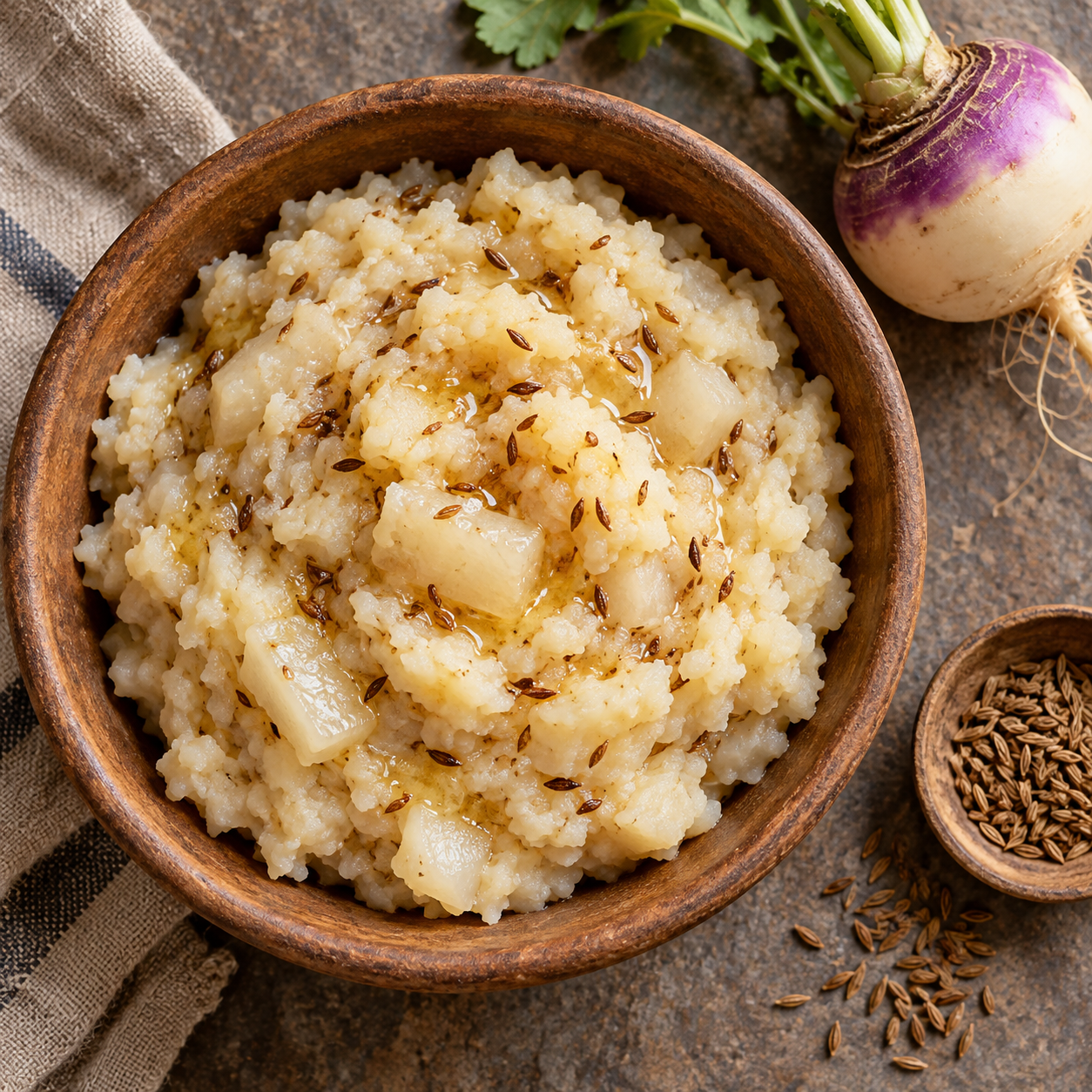 Pale rough turnip mash with cumin flecks beside a small turnip.