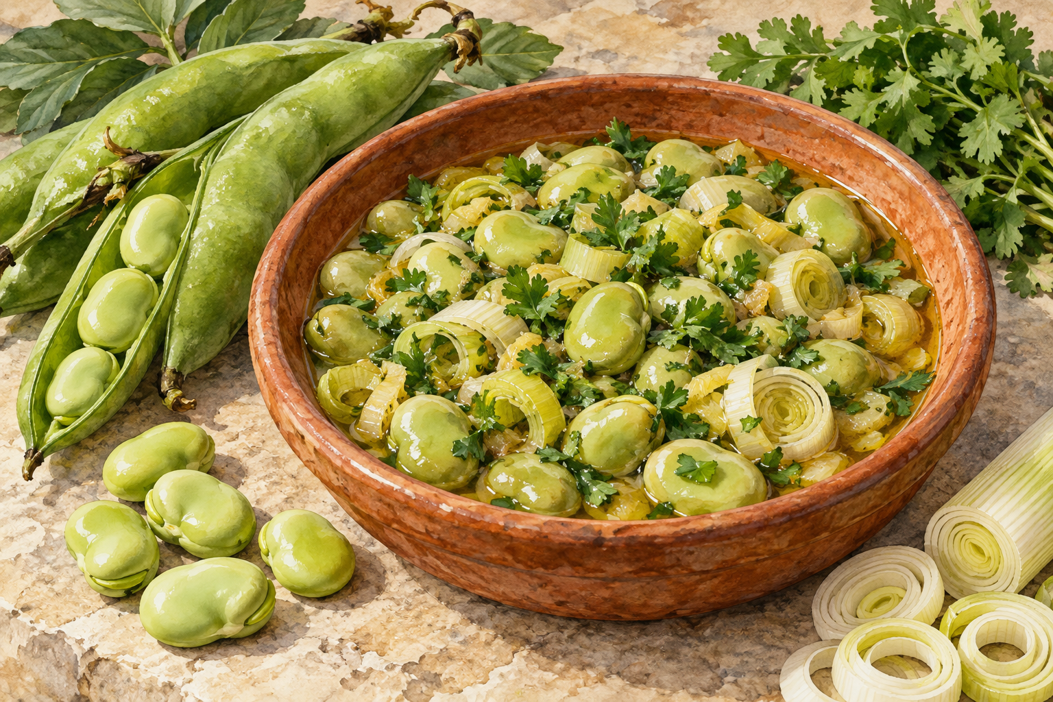 Plump green broad beans with leek and coriander, shown beside broad-bean pods.