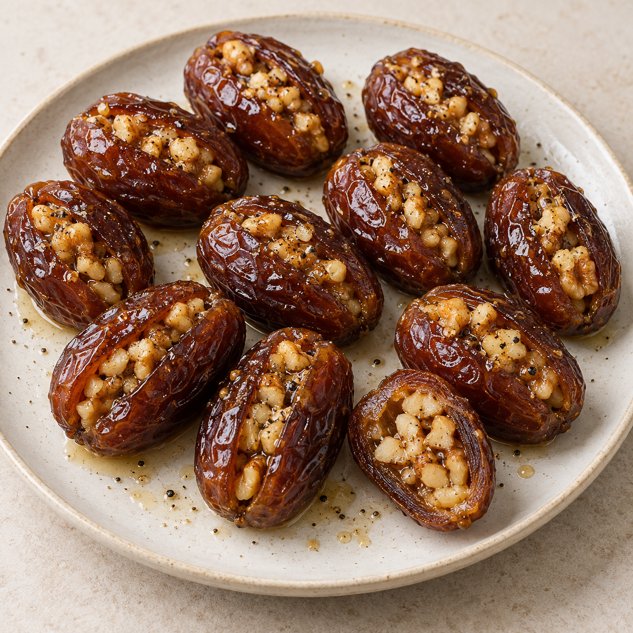 Honey-glazed dates with visible walnut filling, including one cut date.