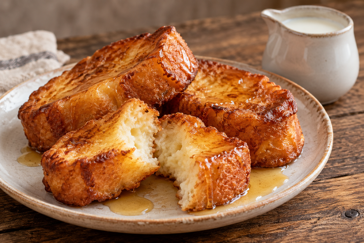 Golden fried bread pieces with honey and a broken piece showing the soft interior.