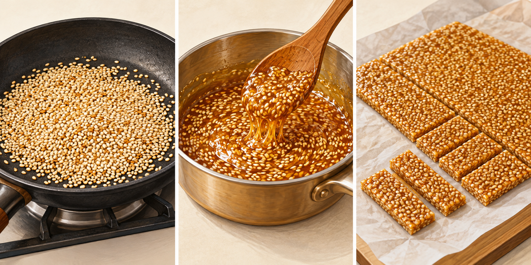 Three preparation stages show toasted sesame, mixing with honey, and a thin sheet cut into bars.