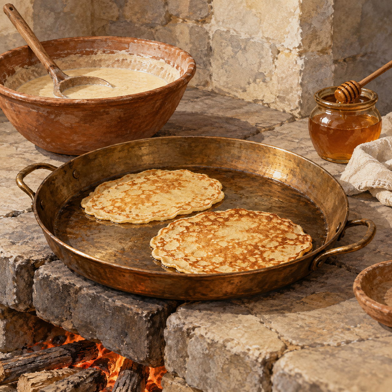 A shallow pan cooks small thin pancakes beside a batter bowl and honey jar.