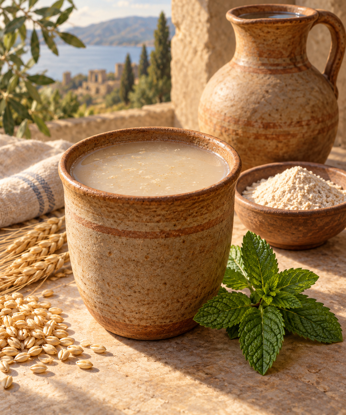 A ceramic cup of pale barley drink beside spearmint, barley flour, and a water jug.