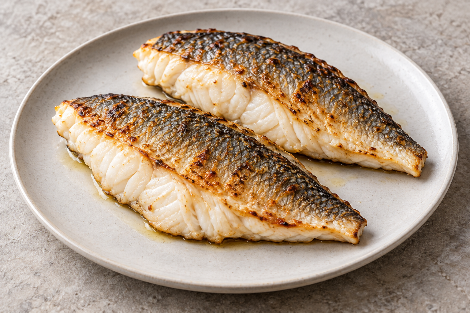 Simply grilled fish fillets with lightly browned skin and opaque flesh on a plain plate.