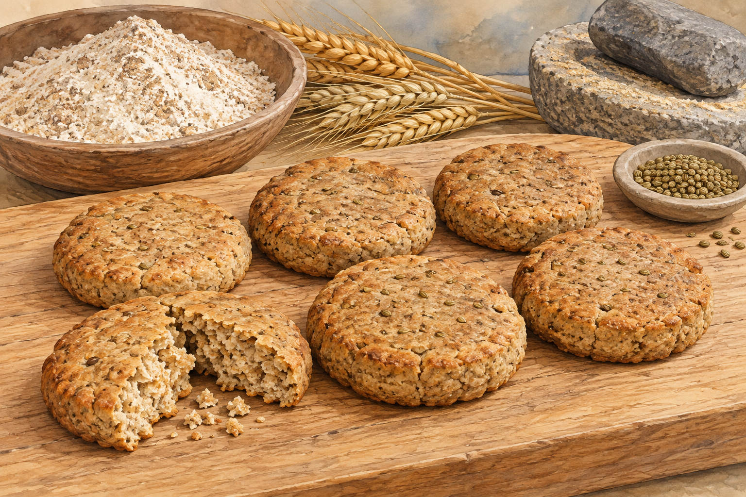 Dense mixed-grain galettes beside flour, celery seeds, and a small grinding stone.