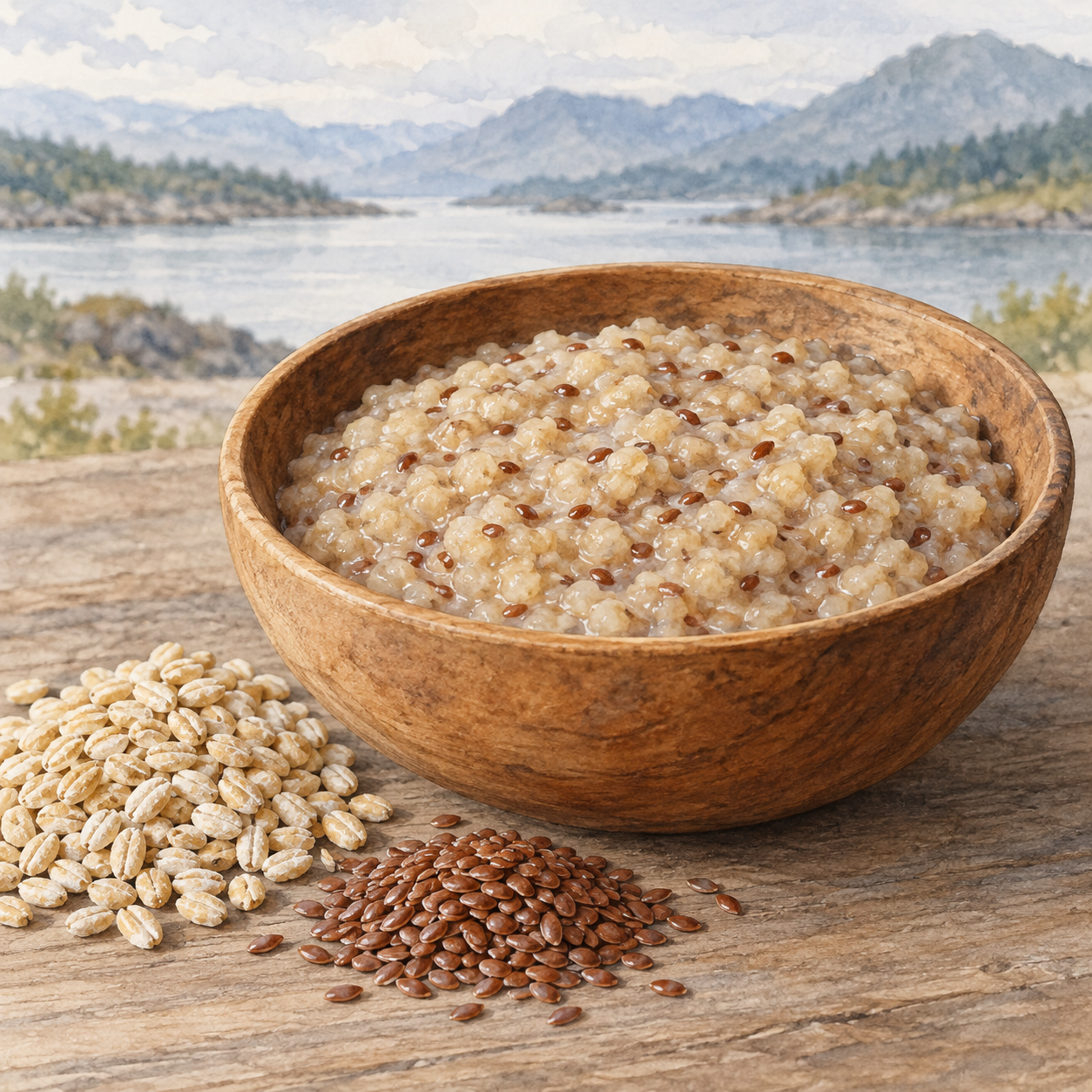 A wooden bowl of thick cracked-barley porridge with fine flaxseed flecks.