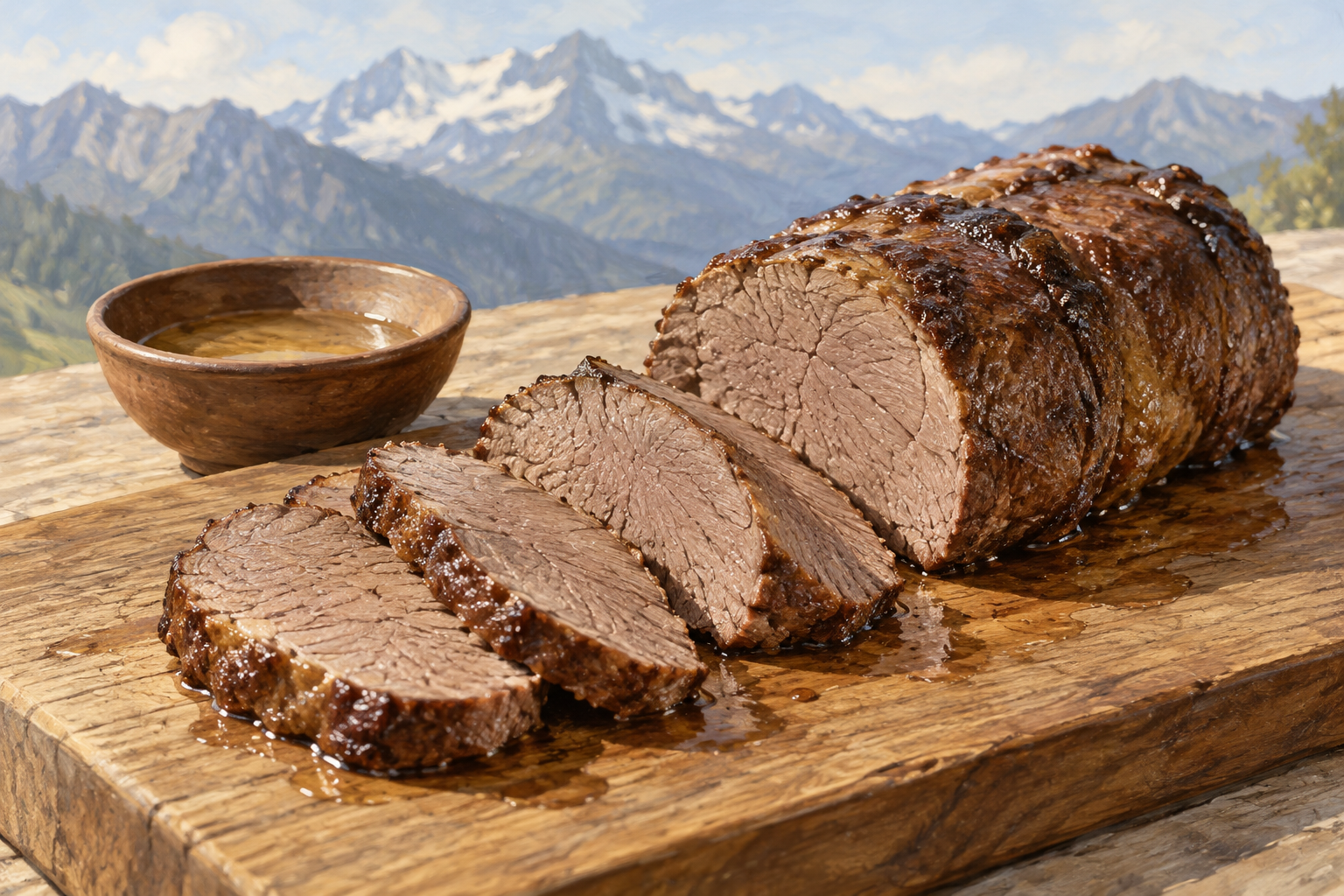 Fully cooked venison slices with a light fat sheen on a plain wooden board.