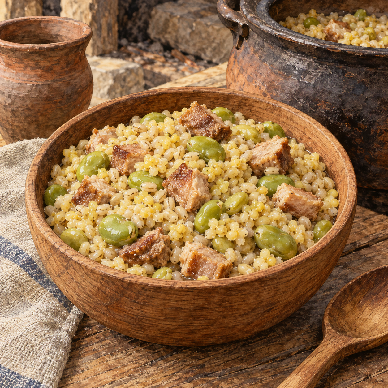 A thick grain, broad-bean, and pork dish in a wooden bowl beside a simple cooking pot.