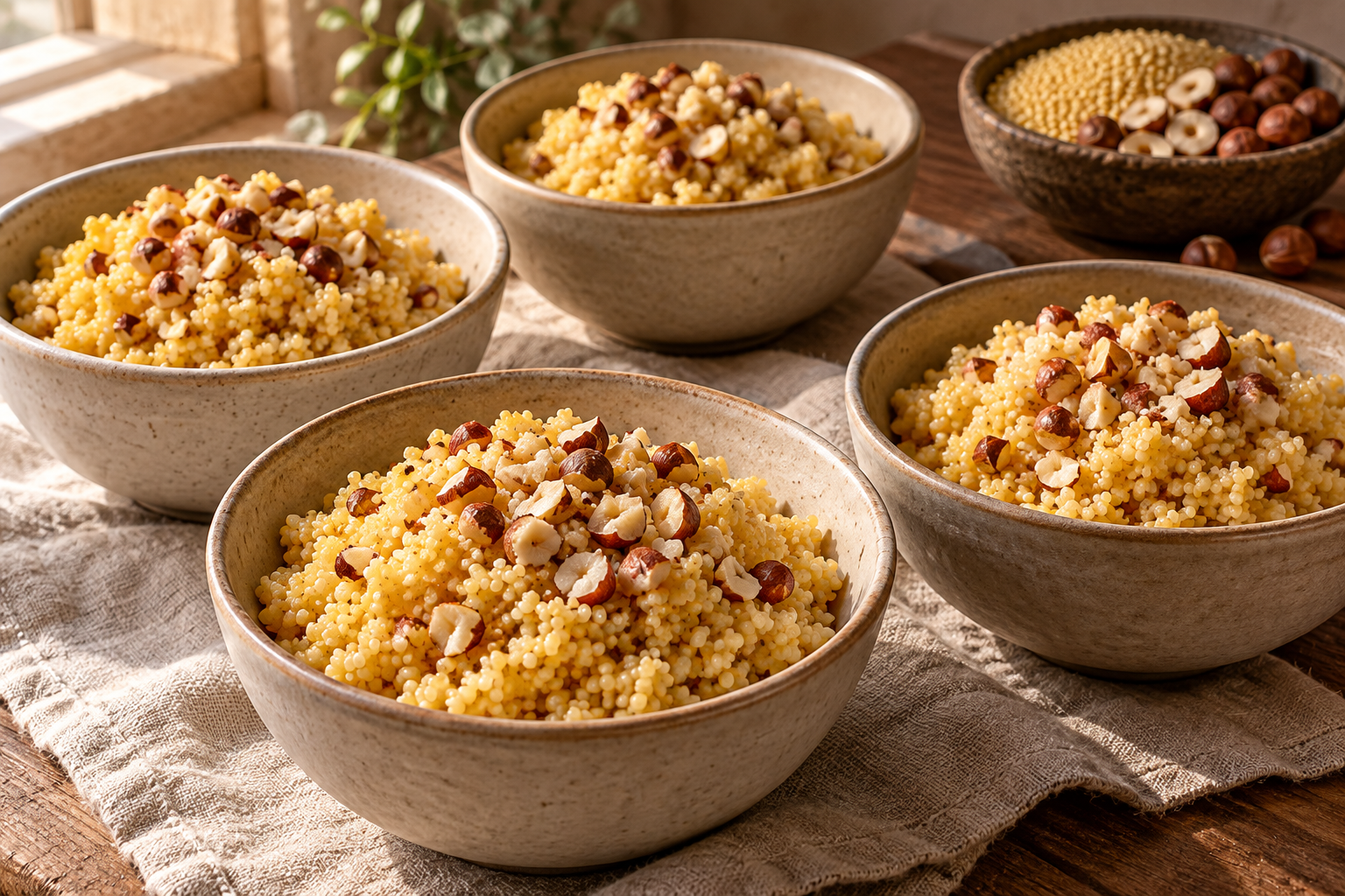 Thick golden millet in plain bowls, topped with toasted chopped hazelnuts.