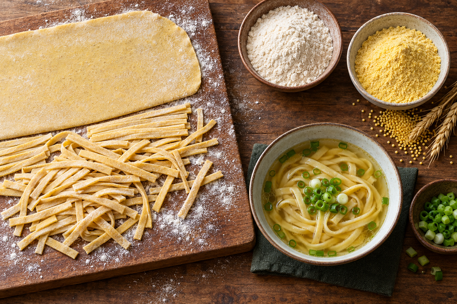 Flours, a rolled slab of dough, cut noodles, and a finished bowl of scallion noodle broth.