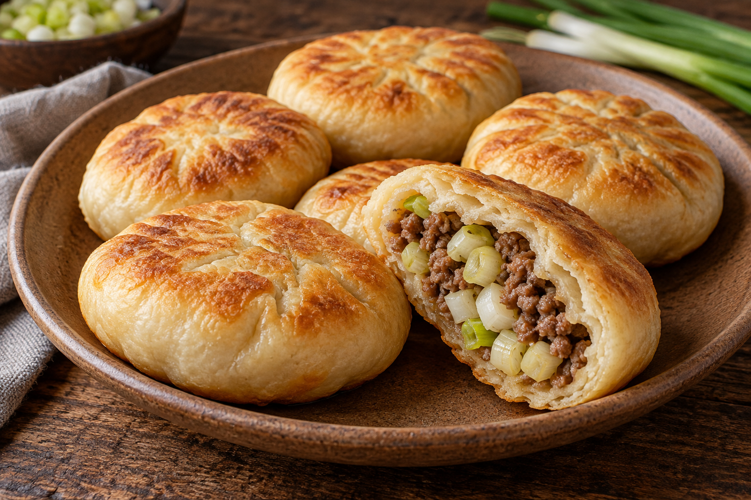 Golden flattened wheat buns with one opened to show lamb-and-scallion filling.