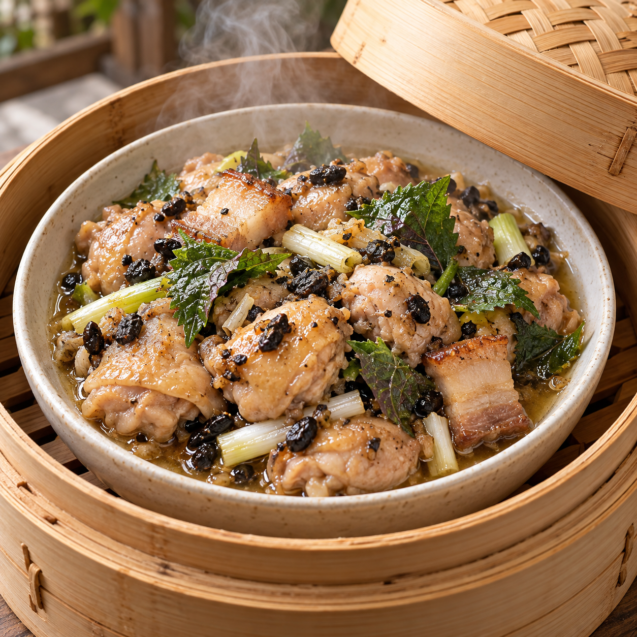 Steamed chicken in a bowl with black fermented soybeans, scallion whites and perilla leaves.