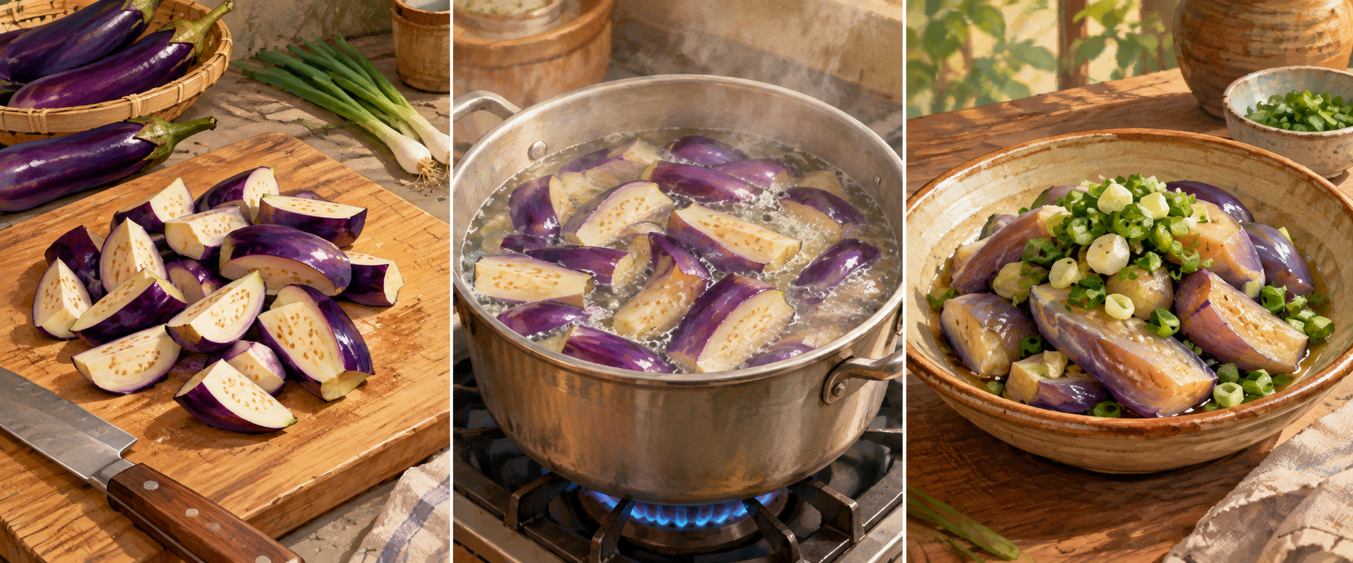 Three illustrated stages show quartered eggplant, blanching, and the finished scallion braise.