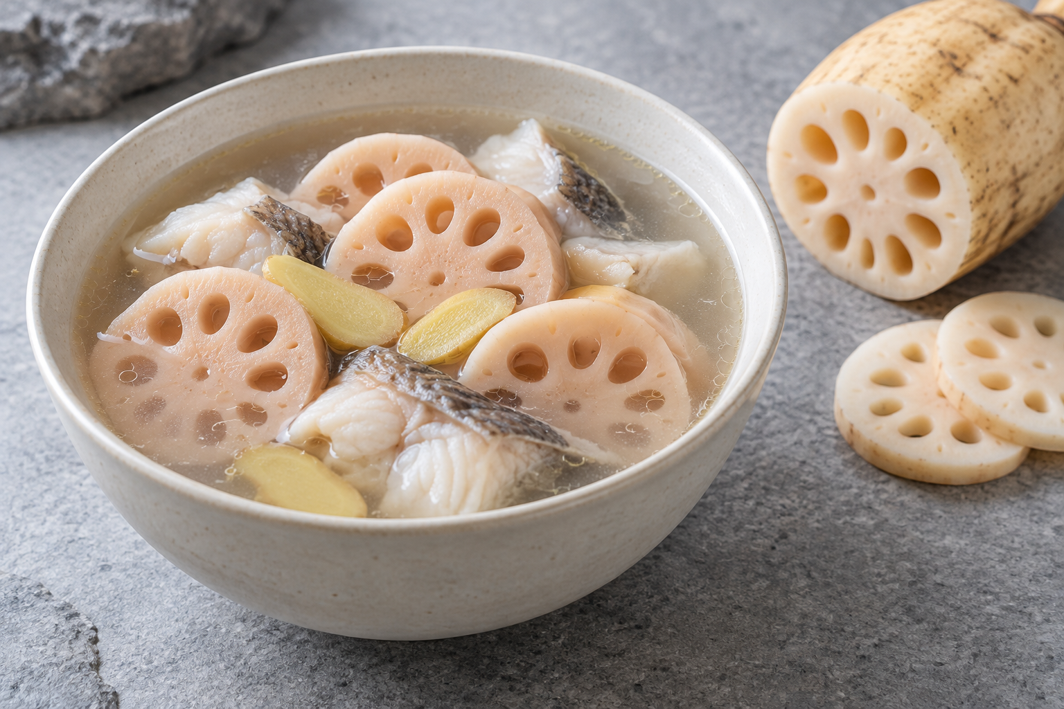 Clear fish soup with perforated lotus-root slices and ginger, beside a cut lotus rhizome.