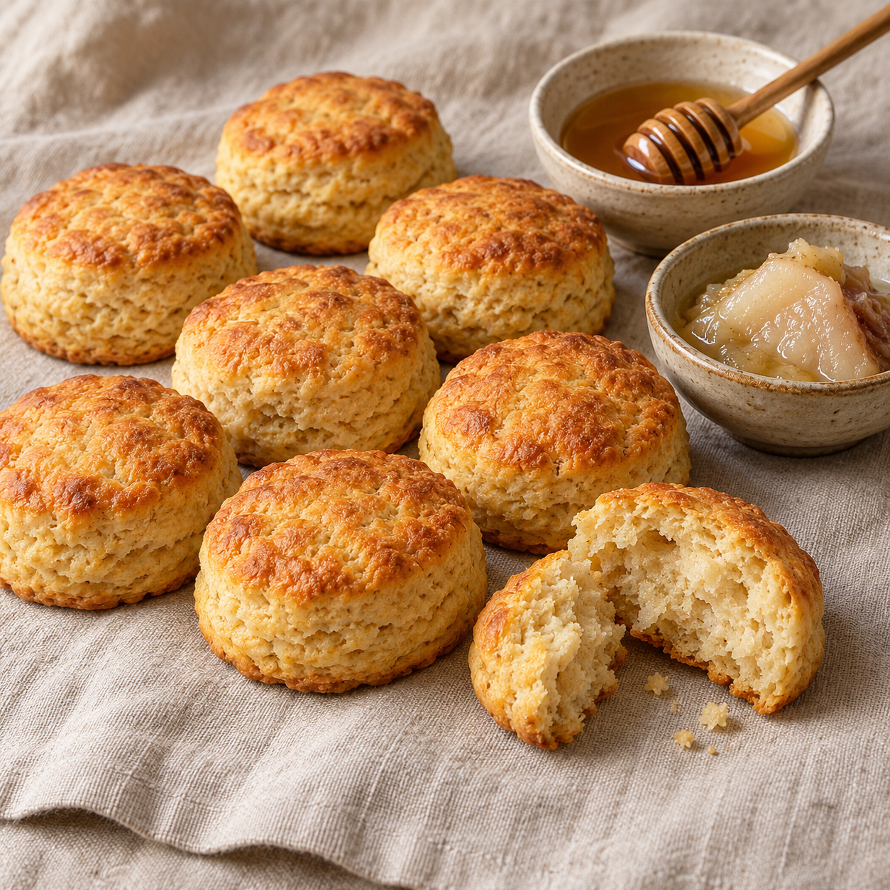 Golden round honey-and-marrow biscuits with a broken biscuit, honey, and cooked marrow.