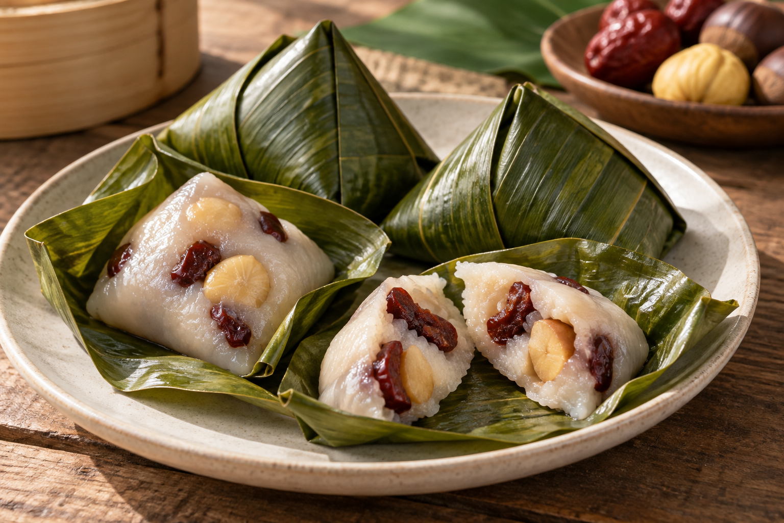 Leaf-wrapped sticky rice-flour parcels opened to reveal jujube and chestnut pieces.