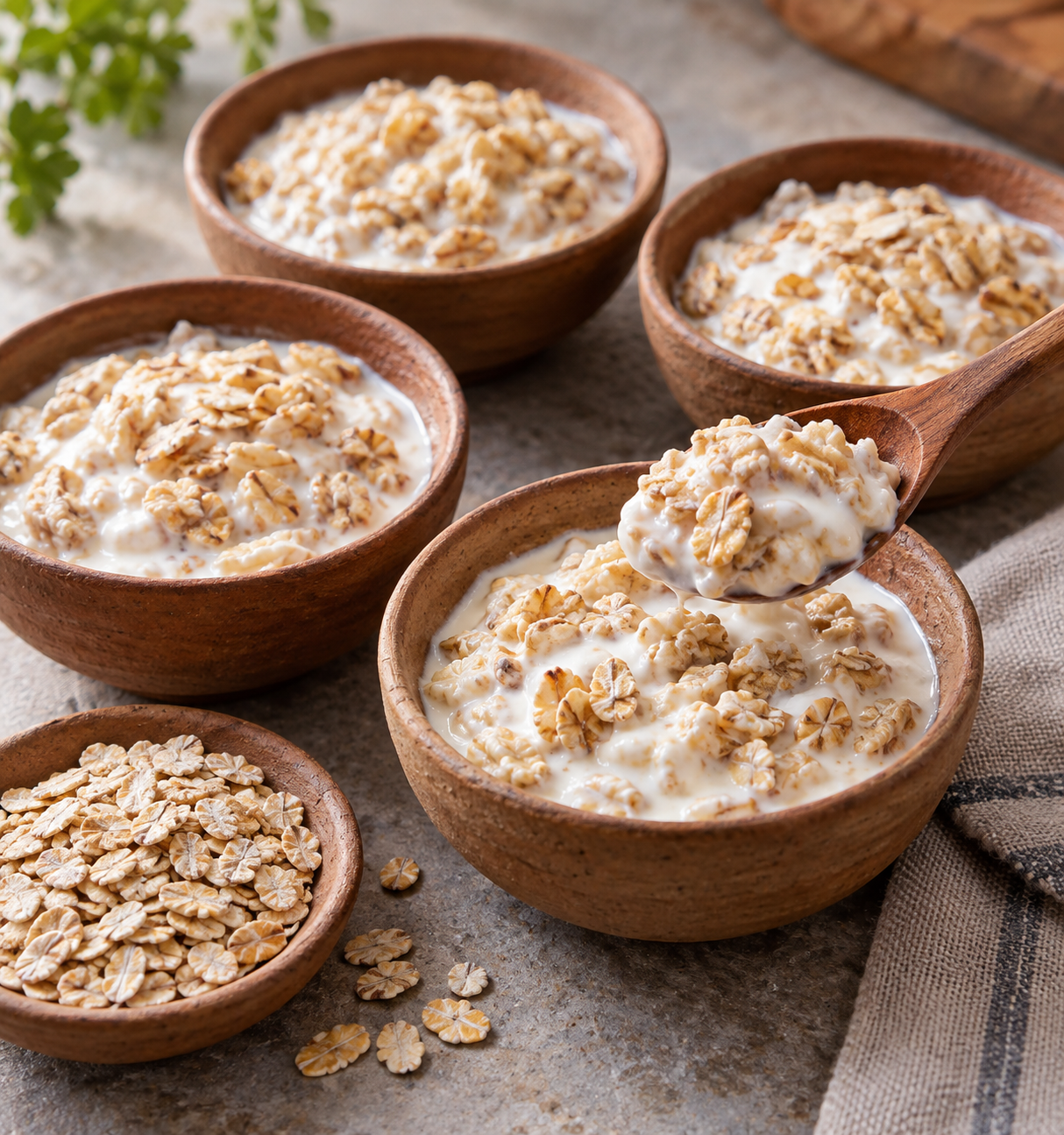 Creamy toasted barley and yogurt in small bowls, with a spoon showing the grain texture.