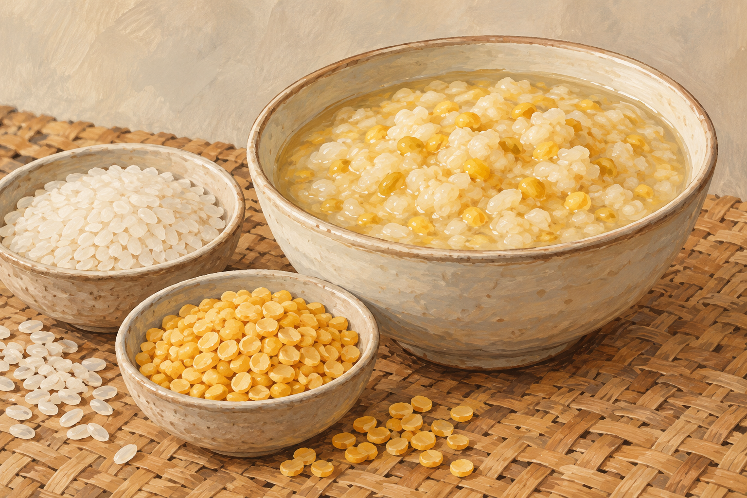 Rice and split mung beans shown beside a thick grain-and-pulse pot in a gouache ingredient study.