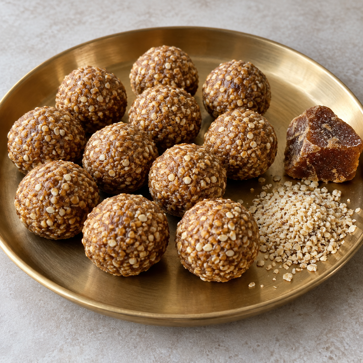 Small coarse sesame-and-jaggery balls beside ground sesame and a piece of cane jaggery.