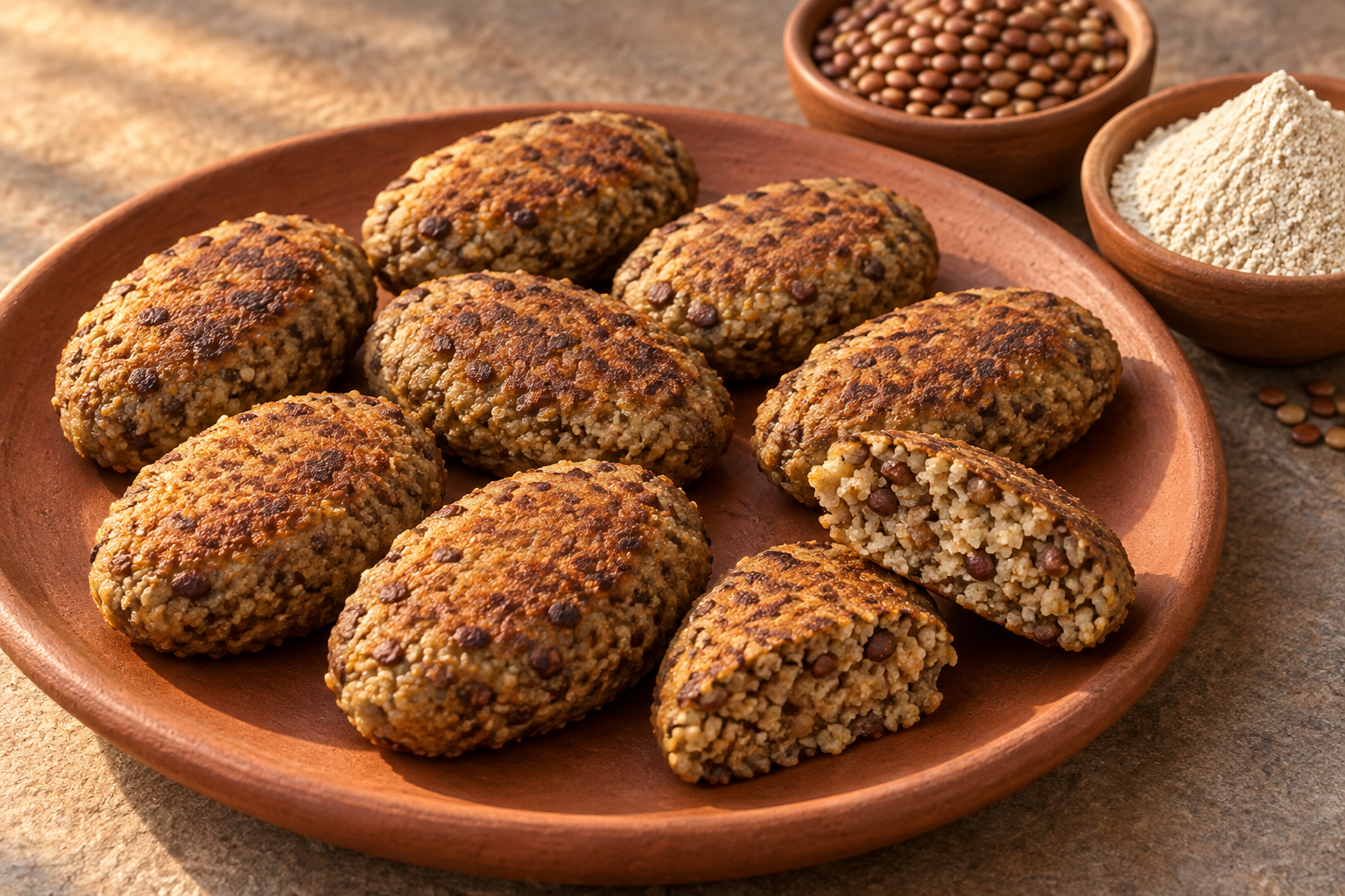 Coarse baked horsegram-and-millet cakes with dried horsegram and millet flour nearby.