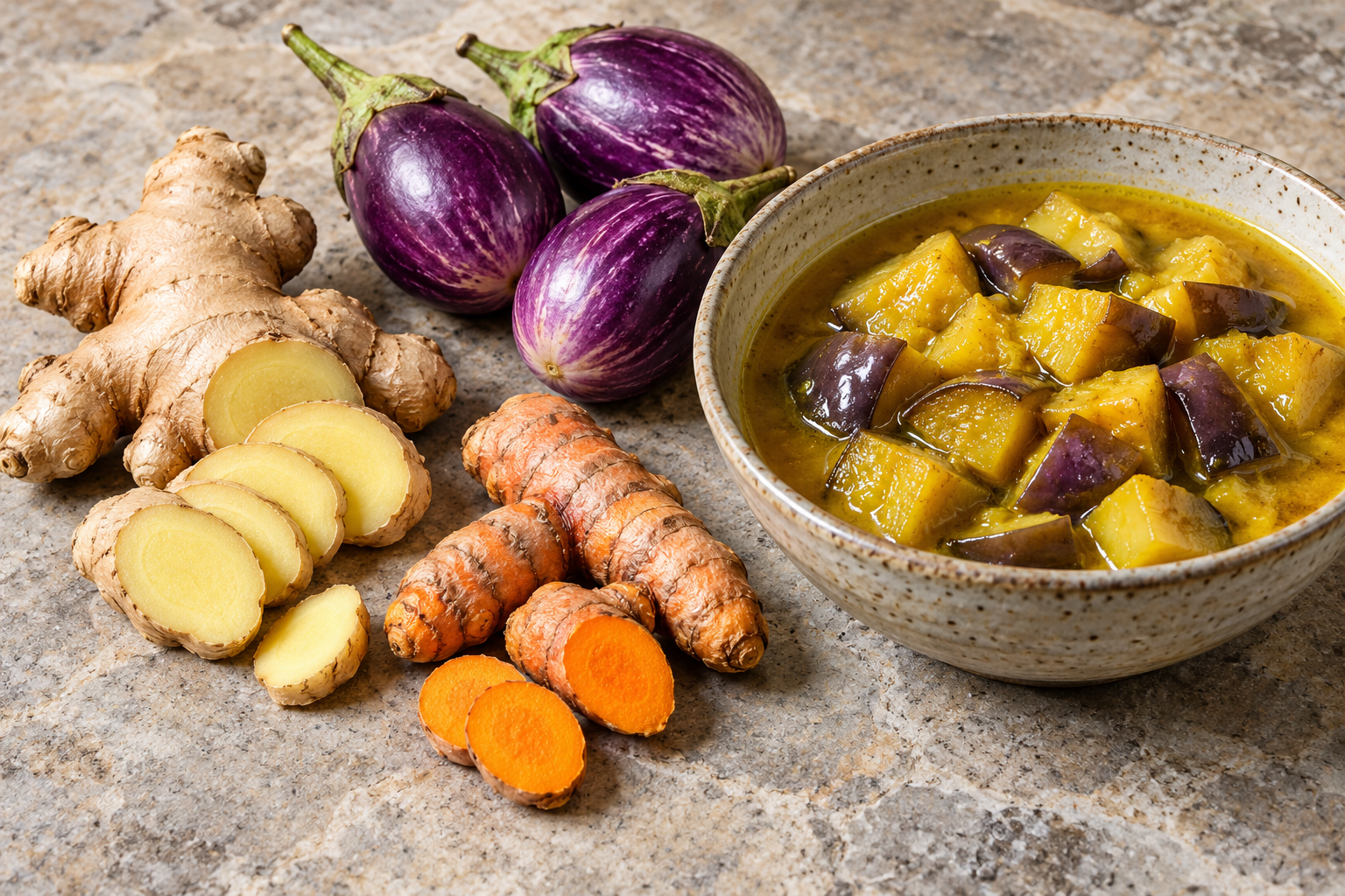 Eggplant, ginger and turmeric displayed beside a bowl of the golden eggplant braise.