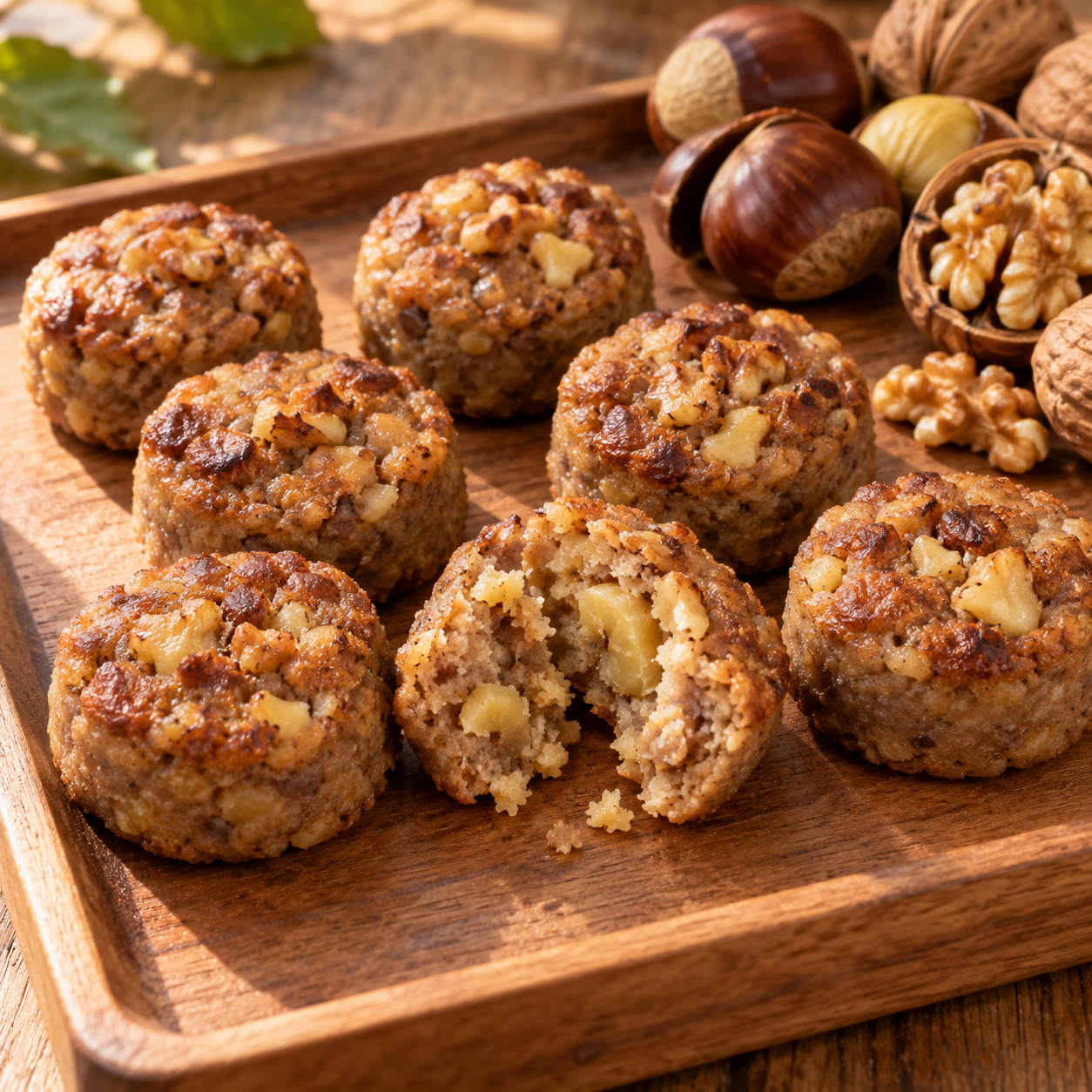 Dense chestnut-and-walnut cakes with a broken round and edible nut ingredients.