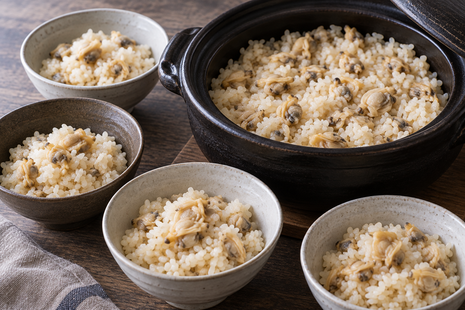 Short-grain rice with cooked clam pieces in a plain pot and serving bowls.