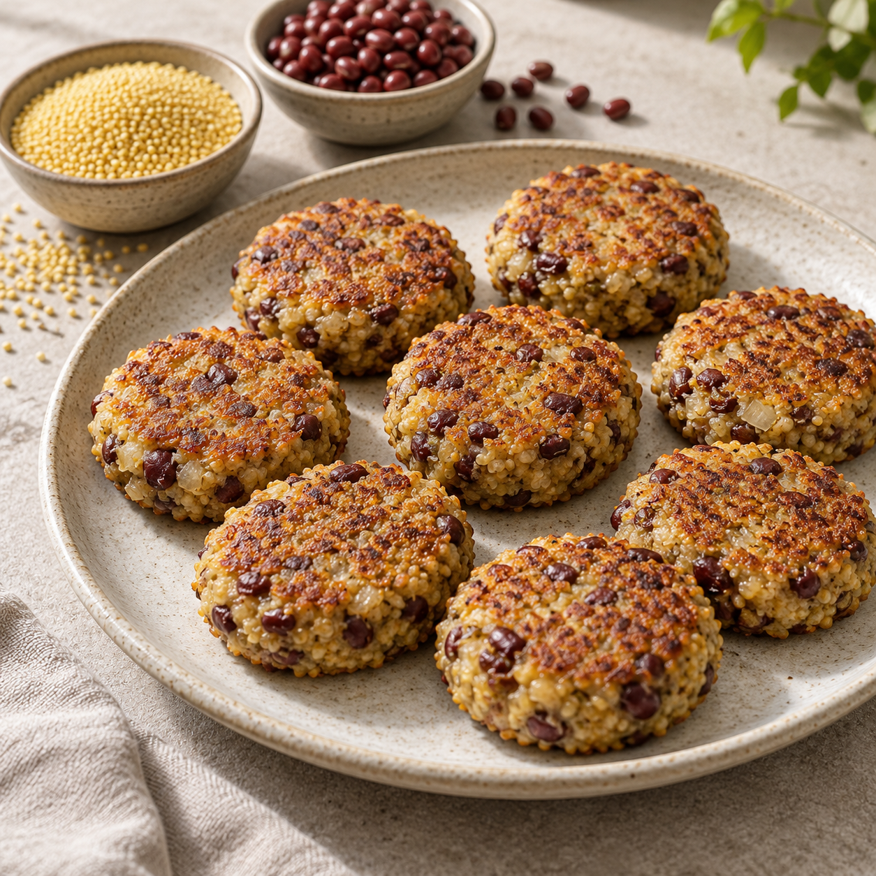 Browned patties showing golden millet grains and red-brown adzuki pieces.