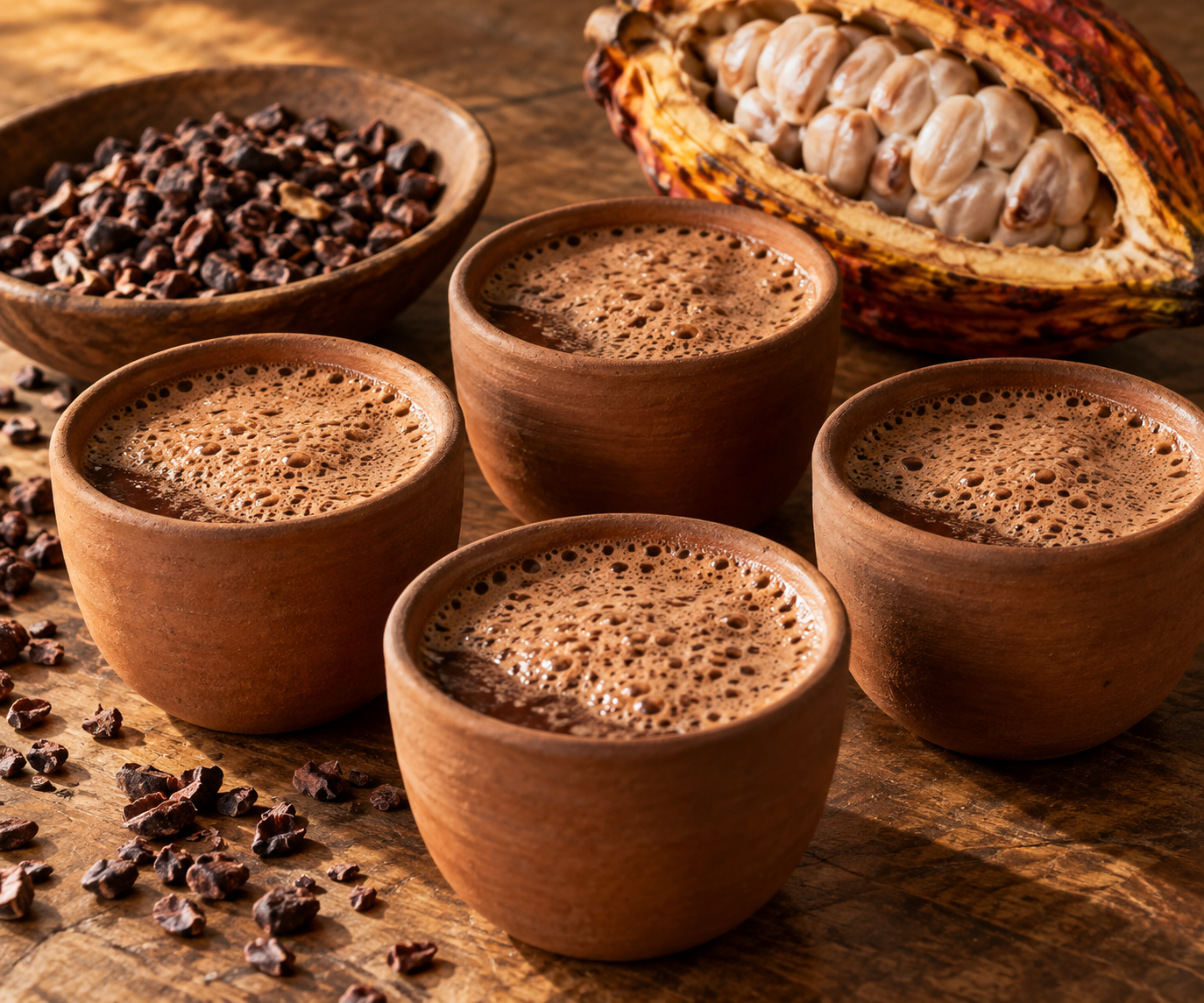 Foamy dark cacao drinks in small cups beside roasted nibs and a cacao pod.