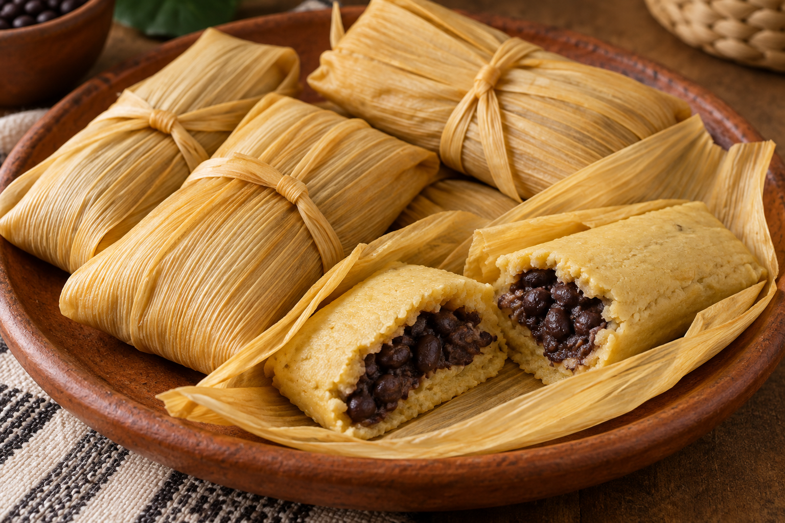 Corn-husk tamales opened to show pale maize dough surrounding a black-bean filling.
