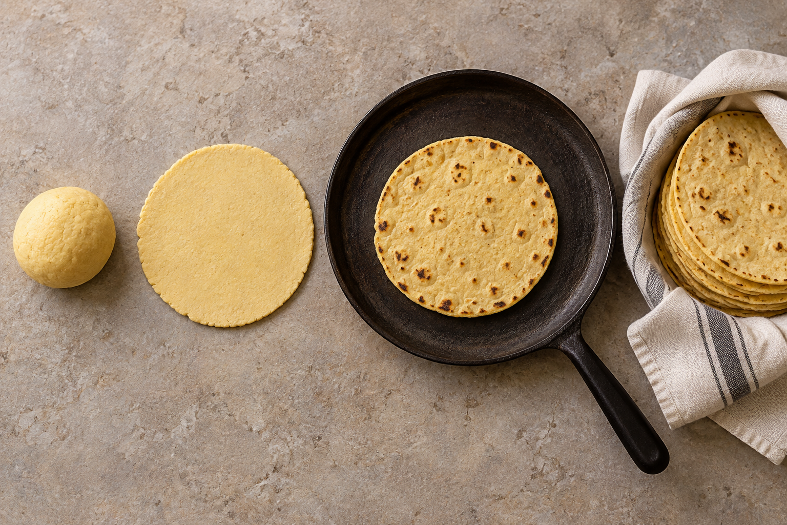 Maize dough shown as a ball, a pressed disc, a cooking tortilla, and a finished cloth-wrapped stack.