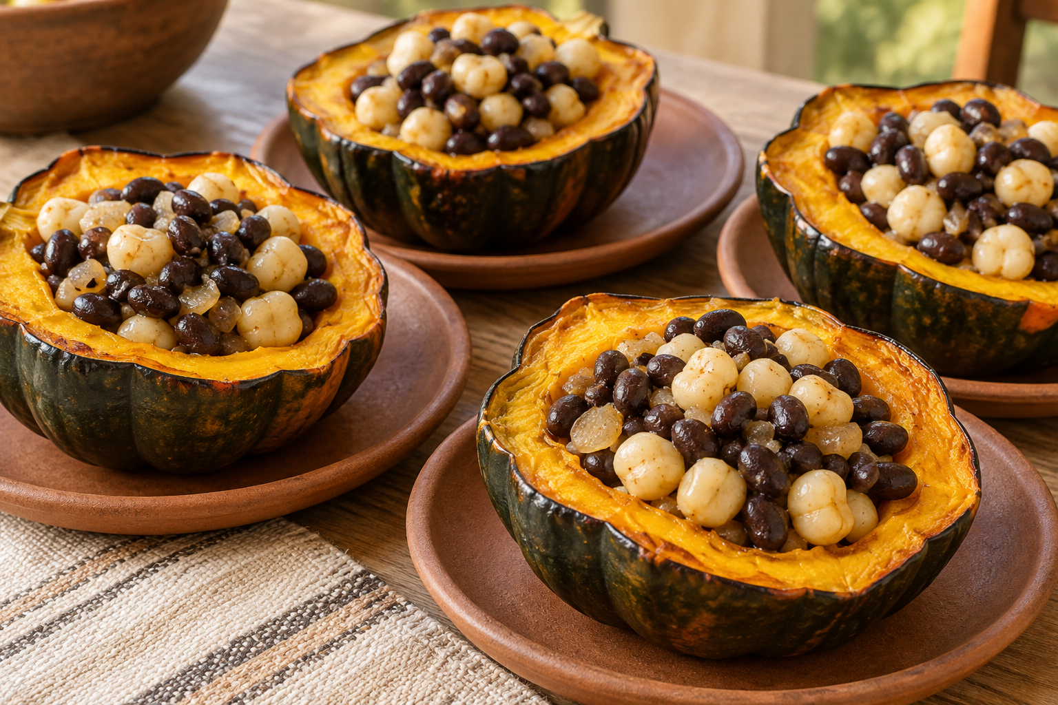 Baked squash halves filled with black beans and large white hominy kernels.