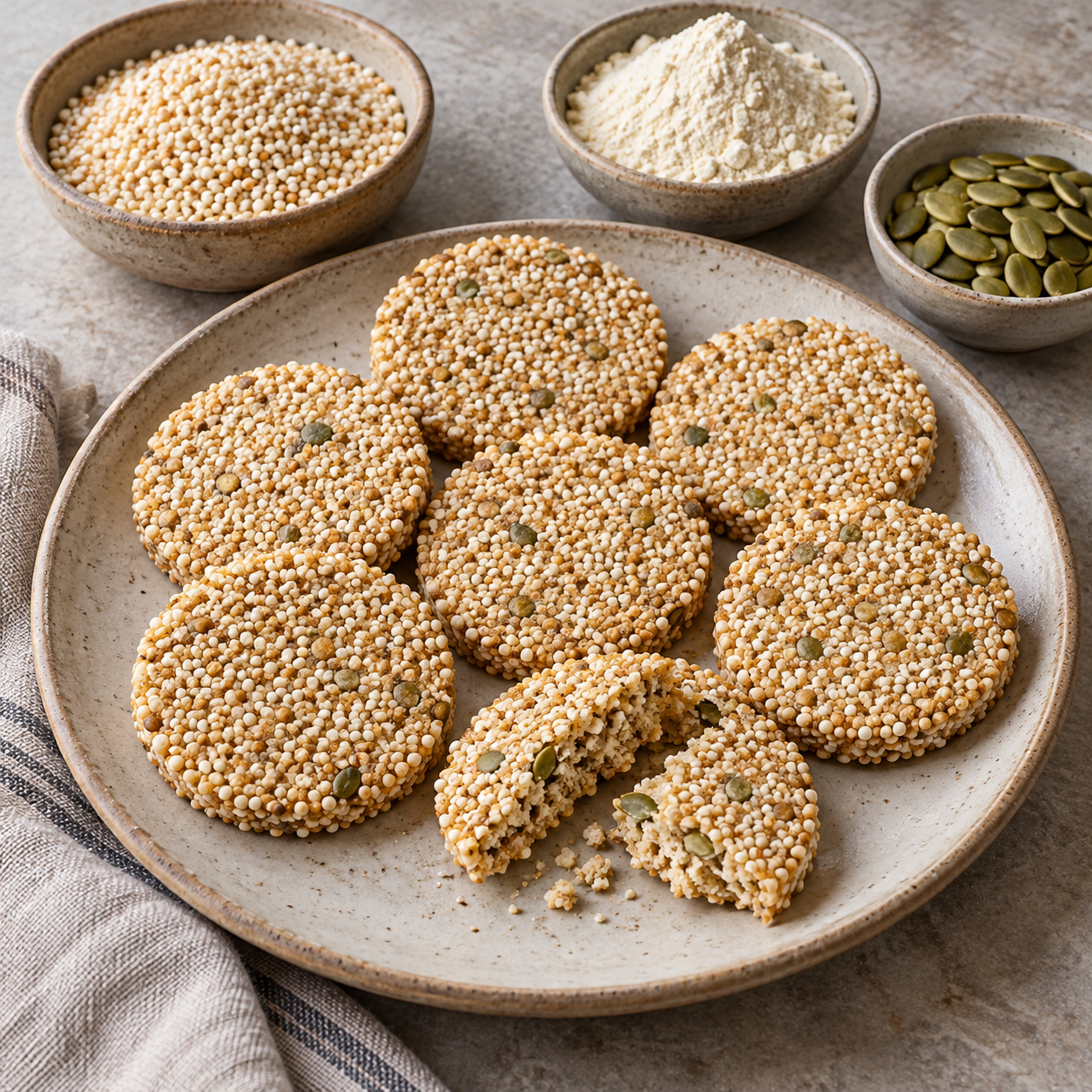 Thin savory rounds with tiny popped amaranth seeds, beside maize flour and pumpkin seeds.