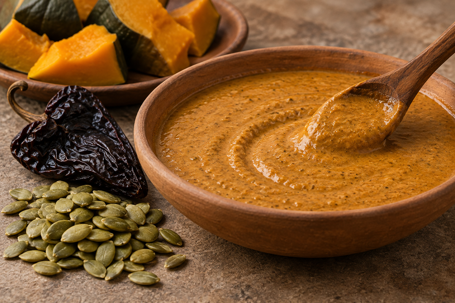 Thick pumpkin-seed and chile sauce beside hulled seeds, a dried chile, and cooked squash.
