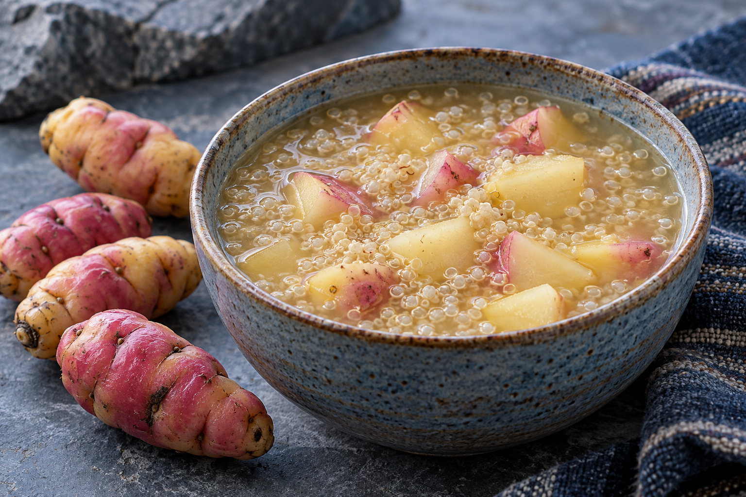 Quinoa soup with pale oca pieces, beside small pink and yellow oca tubers.