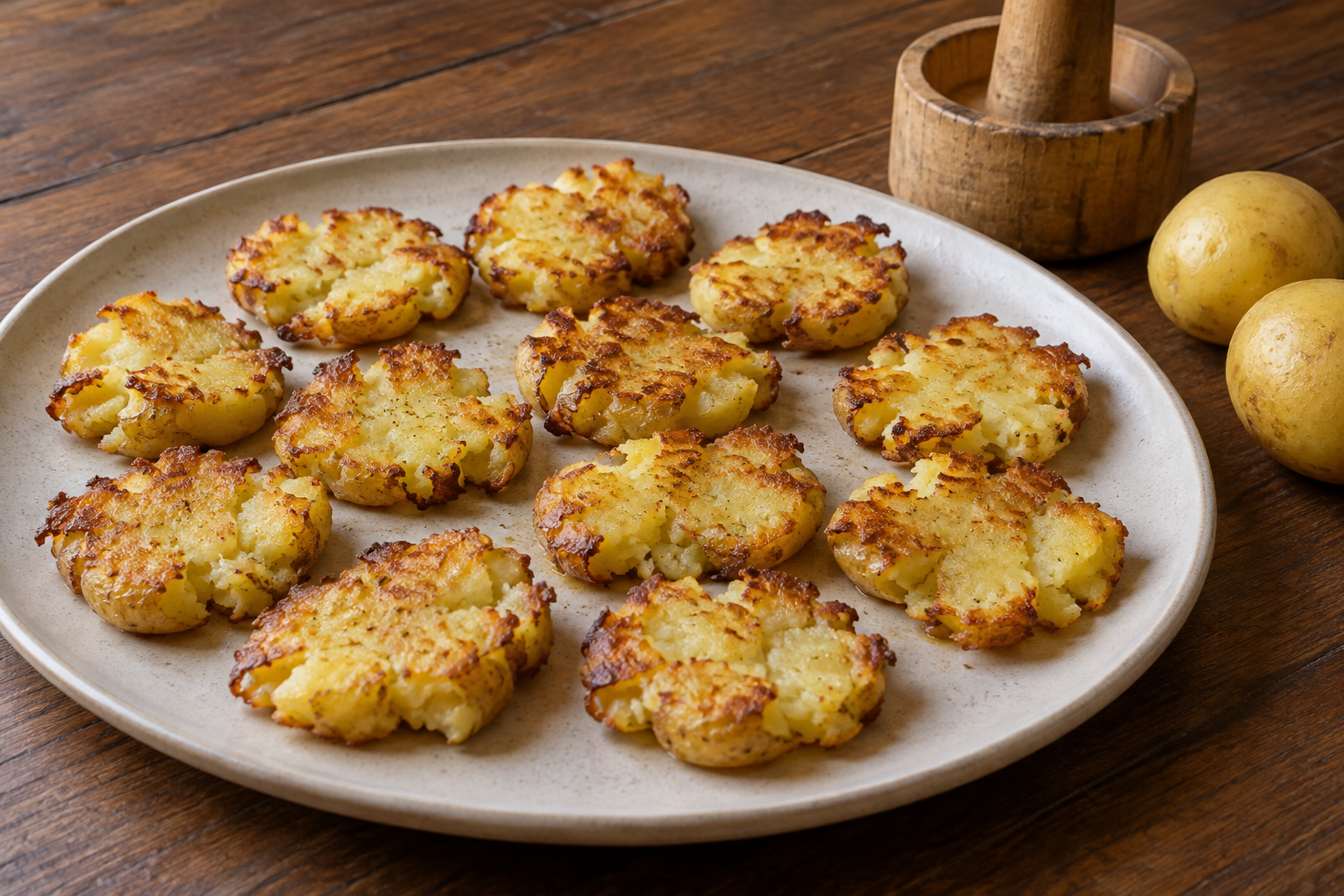 Golden crushed-potato discs with browned edges, beside whole potatoes and a wooden mortar and pestle.