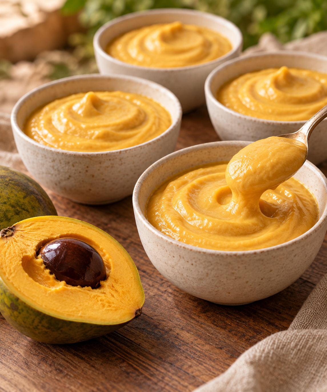 Golden lúcuma-and-maize cream in small bowls beside a halved lúcuma fruit.