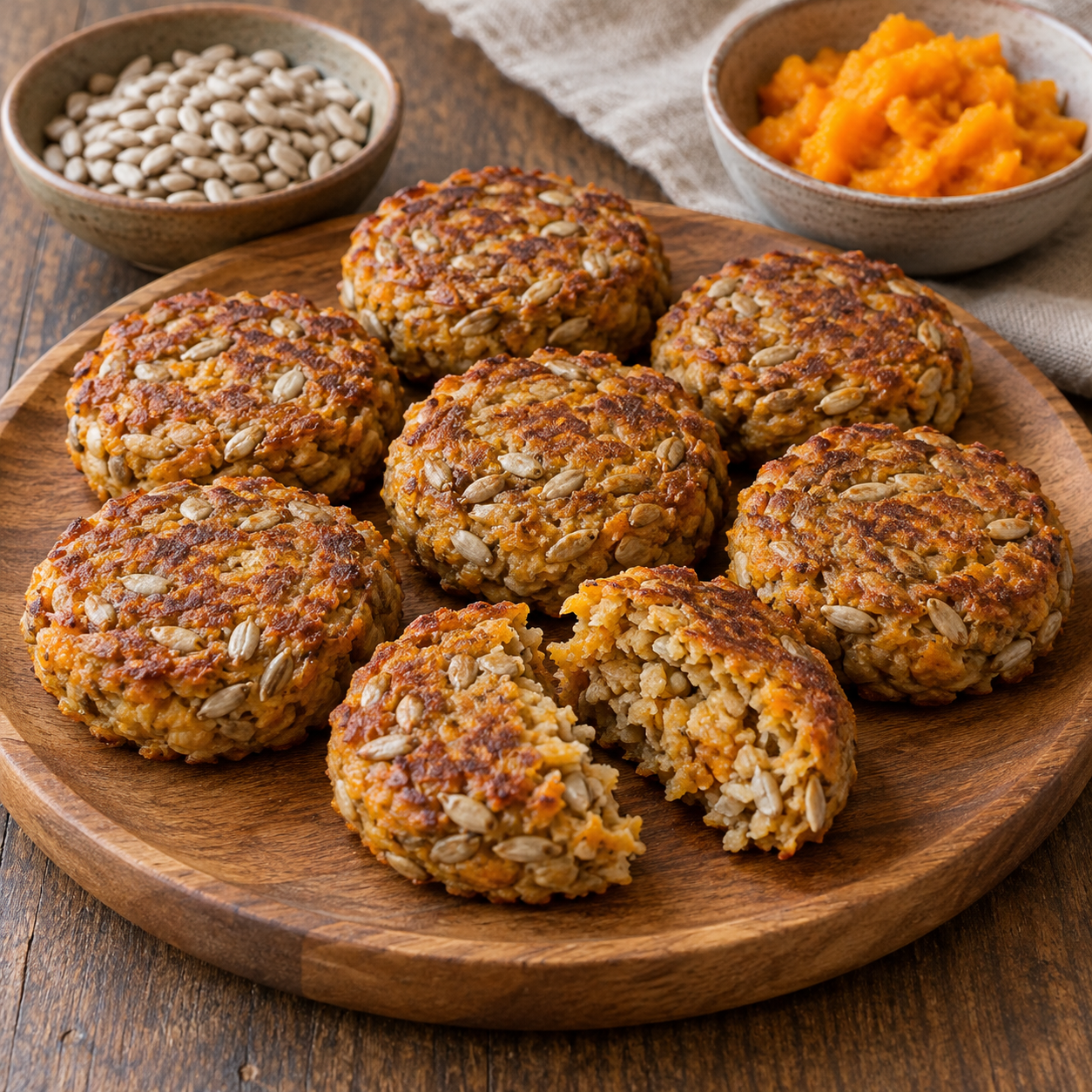 Dense sunflower-and-squash cakes with hulled sunflower kernels and cooked squash beside them.