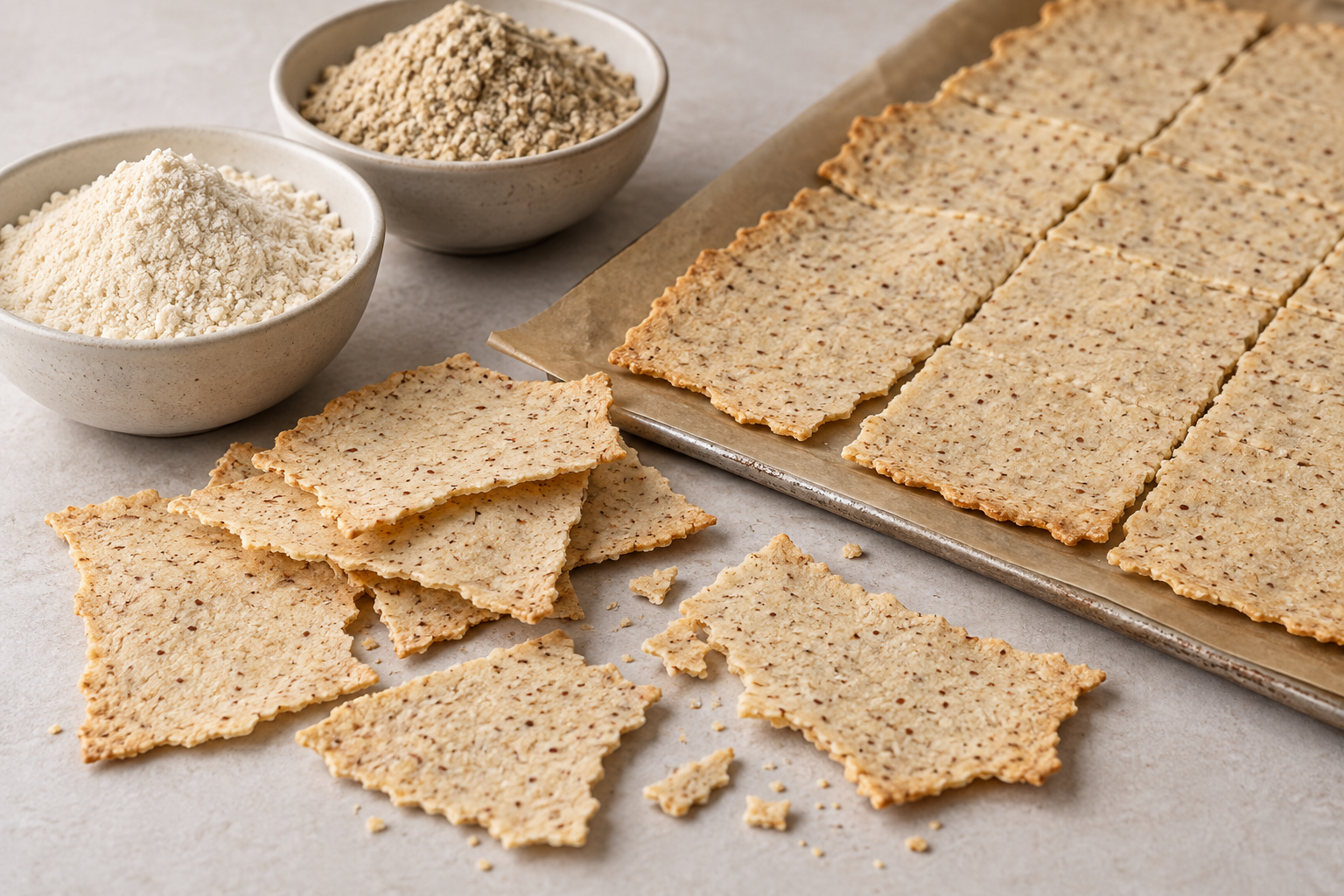 Thin beige flour crackers with small sunflower-meal flecks, beside finely ground ingredients and a scored sheet.