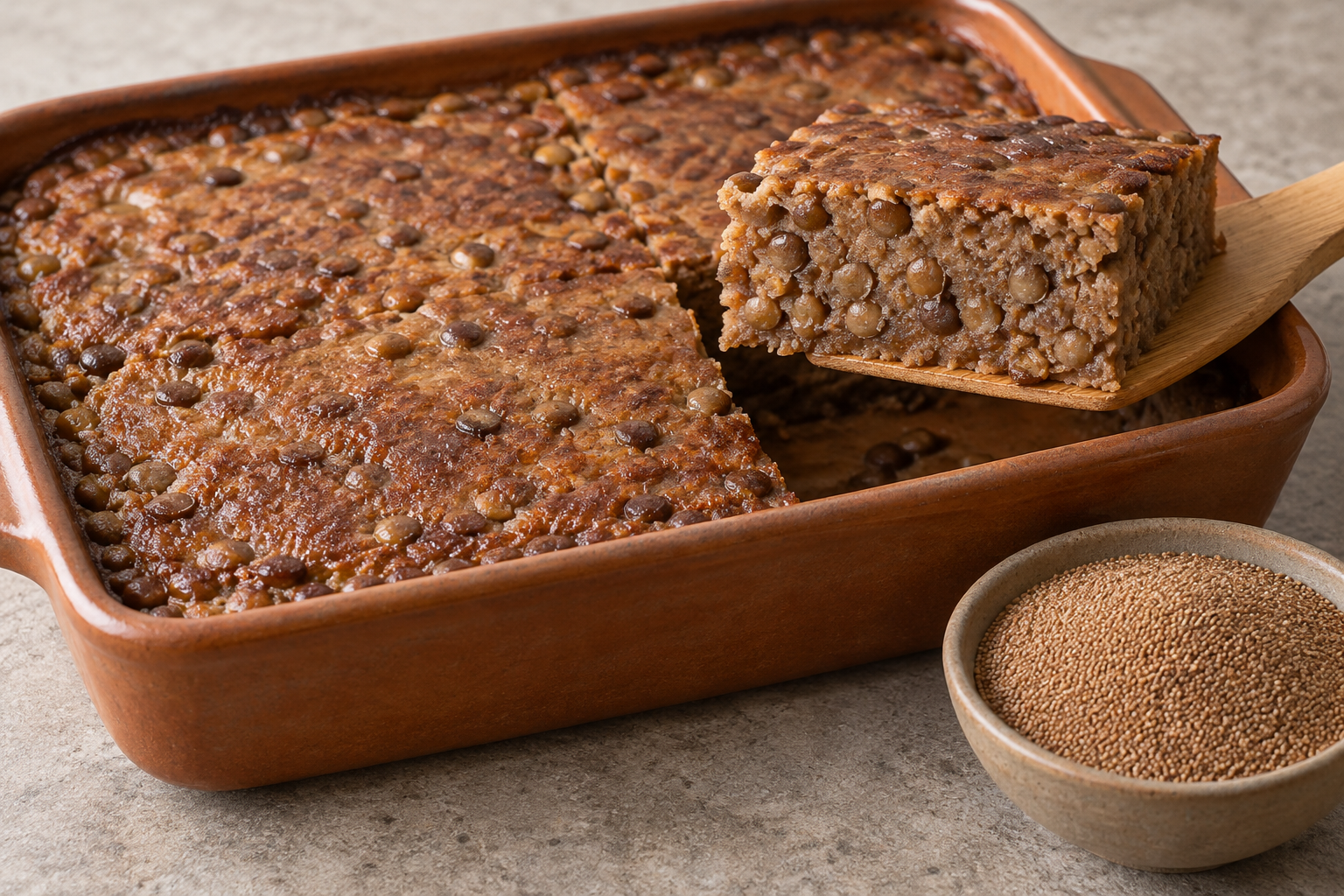 A soft baked teff-and-lentil slab with a square lifted to show its moist interior.